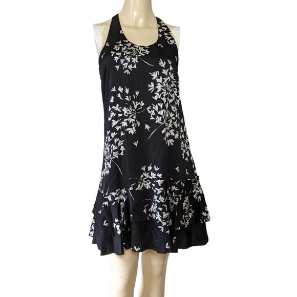 Banana Republic sleeveless razor back black white floral ruffle hem dress size 4 - Picture 5 of 7